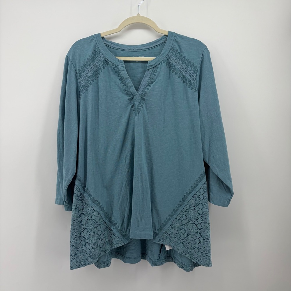 Coldwater Creek Womens 2X Blue Tunic Embroidered Lace Trim 3/4 Sleeve Top